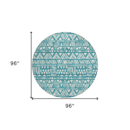 Tabselect Home Line 8' Teal Blue And Ivory Round Southwestern Washable Indoor Outdoor Area Rug