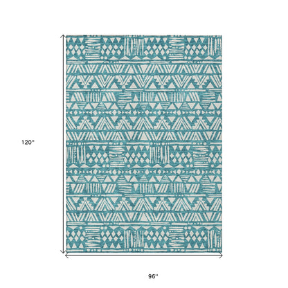 Tabselect Home Line 8' X 10' Teal Blue And Ivory Southwestern Washable Indoor Outdoor Area Rug