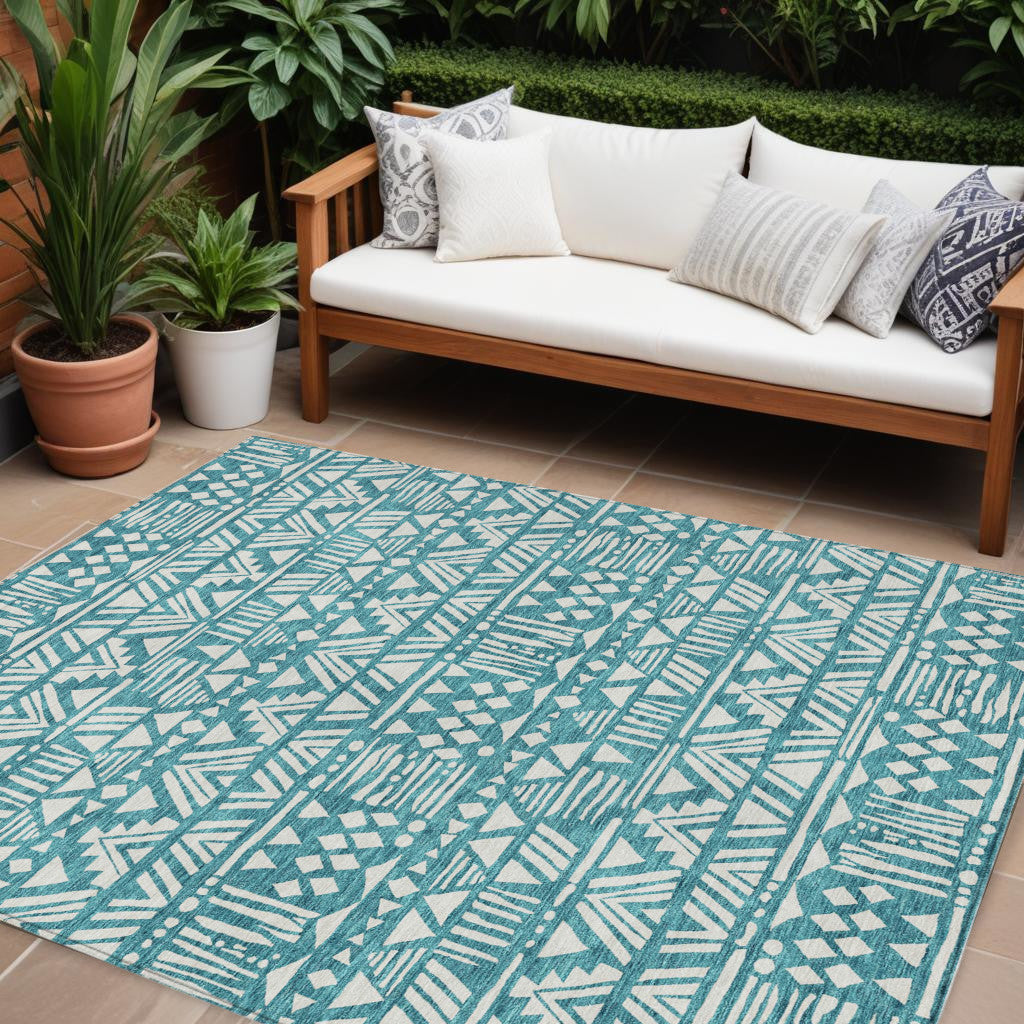 Tabselect Home Line 8' X 10' Teal Blue And Ivory Southwestern Washable Indoor Outdoor Area Rug