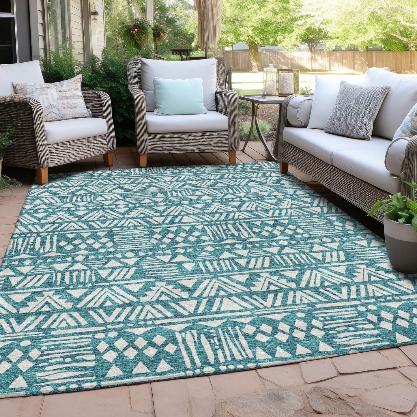 Tabselect Home Line 8' X 10' Teal Blue And Ivory Southwestern Washable Indoor Outdoor Area Rug