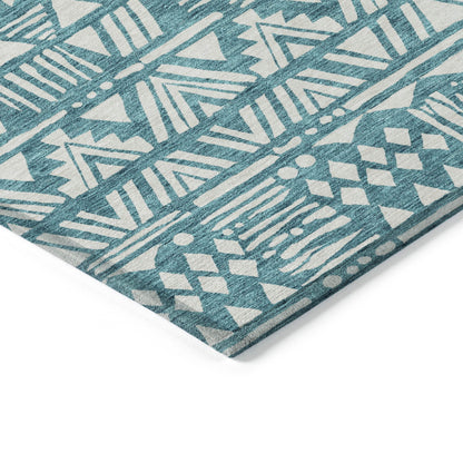 Tabselect Home Line 8' X 10' Teal Blue And Ivory Southwestern Washable Indoor Outdoor Area Rug