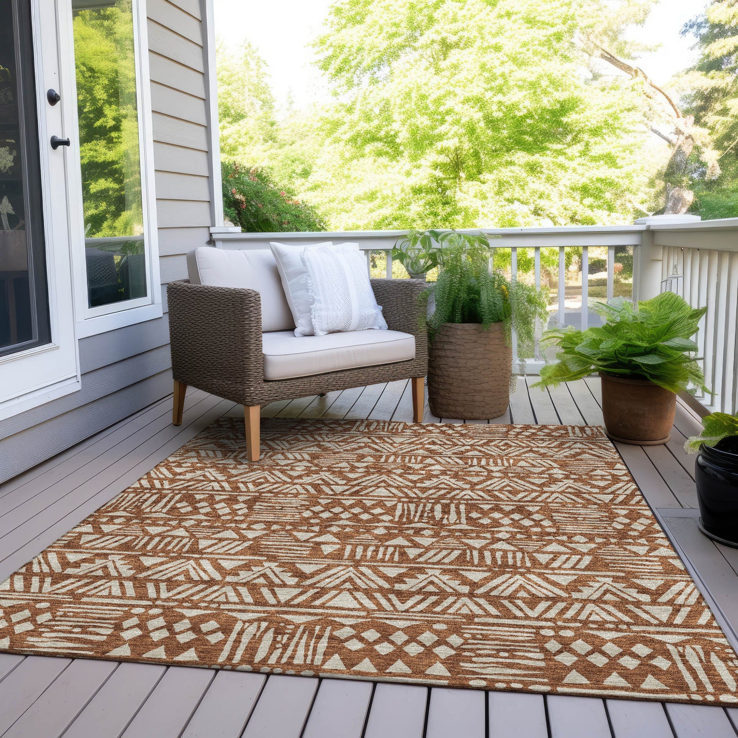 Tabselect Home Line 5' X 8' Terra Cotta And Beige Southwestern Washable Indoor Outdoor Area Rug