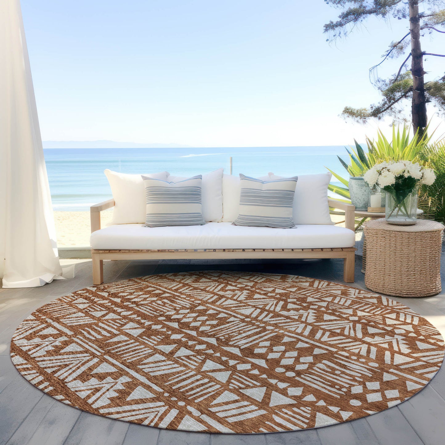 Tabselect Home Line 8' Terra Cotta And Beige Round Southwestern Washable Indoor Outdoor Area Rug