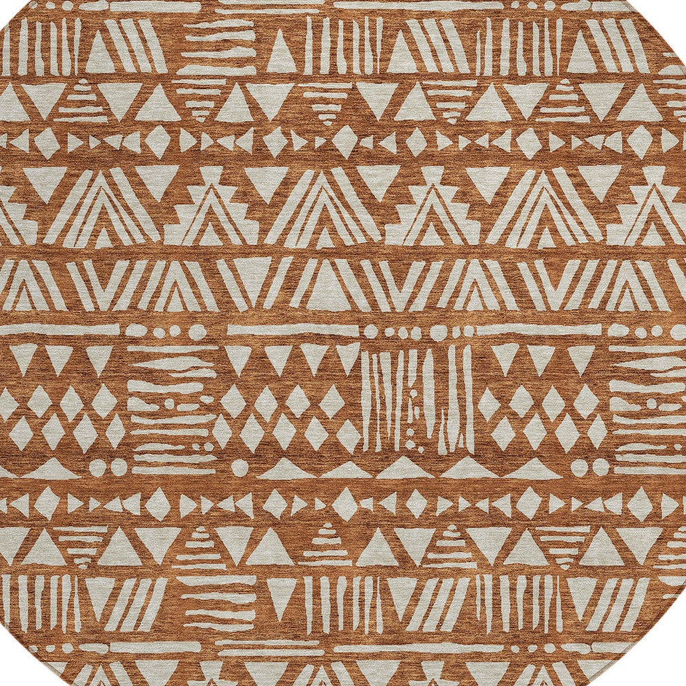 Tabselect Home Line 8' Terra Cotta And Beige Round Southwestern Washable Indoor Outdoor Area Rug