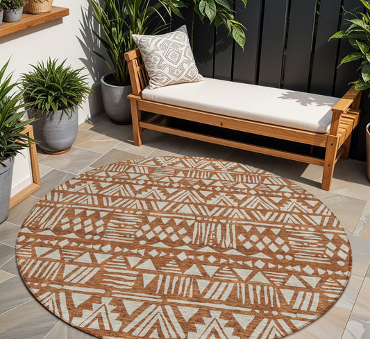 Tabselect Home Line 8' Terra Cotta And Beige Round Southwestern Washable Indoor Outdoor Area Rug