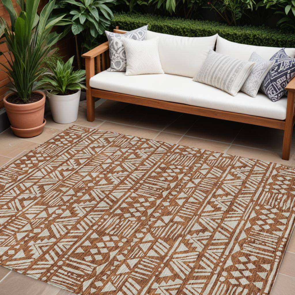 Tabselect Home Line 8' X 10' Terra Cotta And Beige Southwestern Washable Indoor Outdoor Area Rug