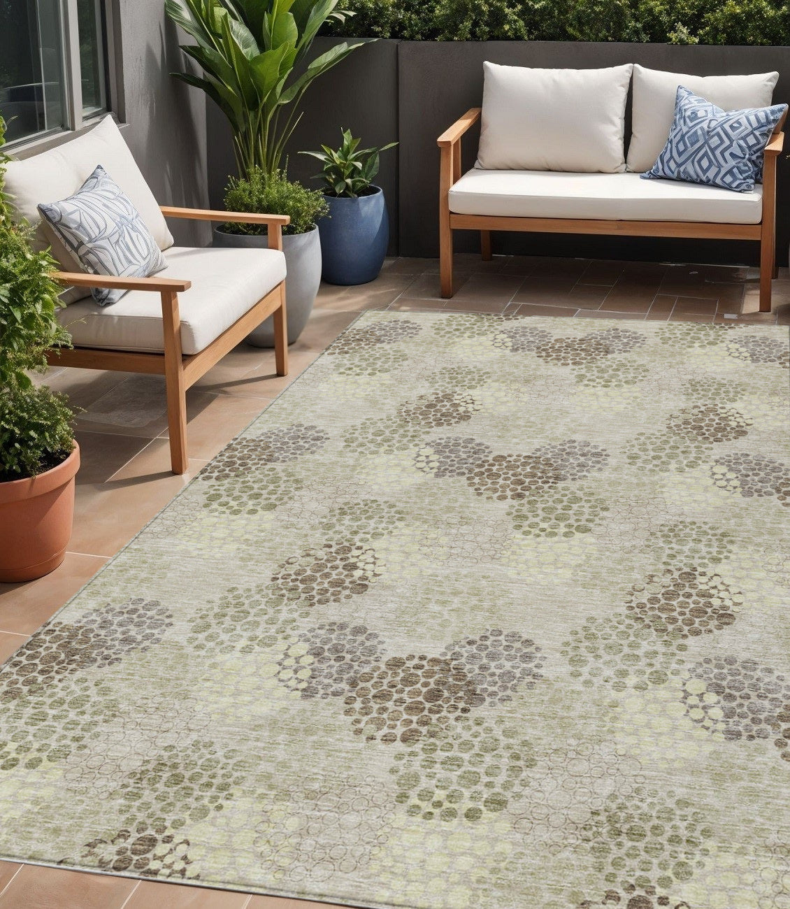 Tabselect Home Line 5' X 8' Beige Green And Ivory Polka Dot Washable Indoor Outdoor Area Rug