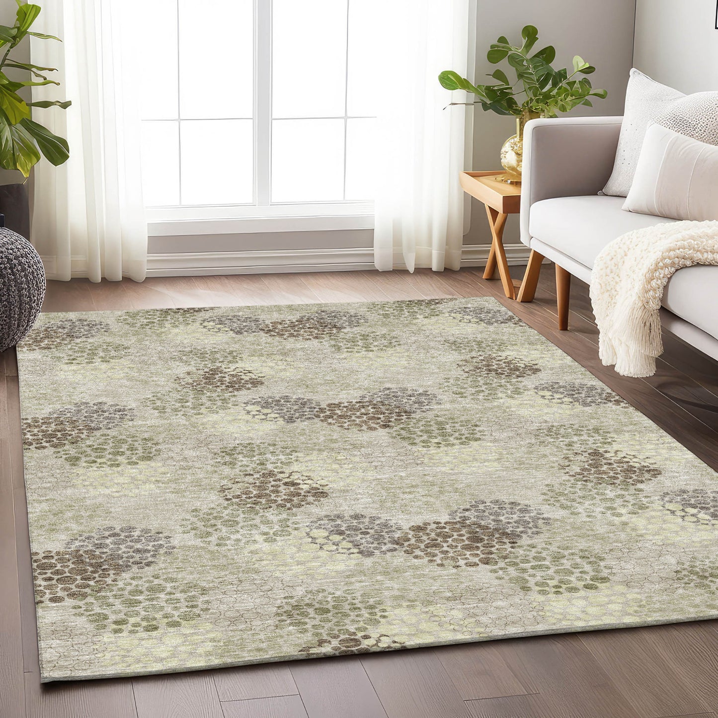 Tabselect Home Line 5' X 8' Beige Green And Ivory Polka Dot Washable Indoor Outdoor Area Rug