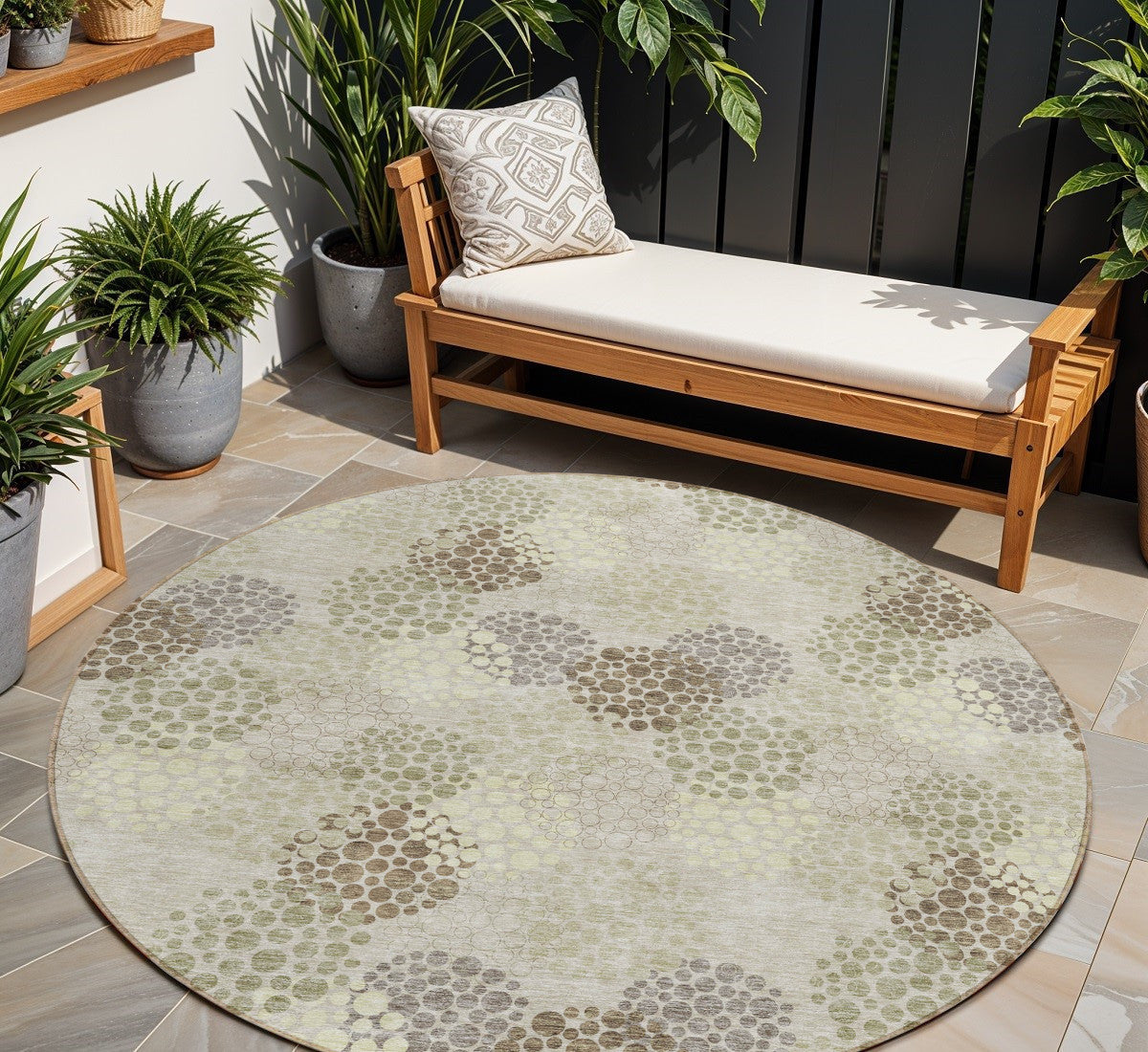 Tabselect Home Line 8' Beige Green And Ivory Round Polka Dot Washable Indoor Outdoor Area Rug