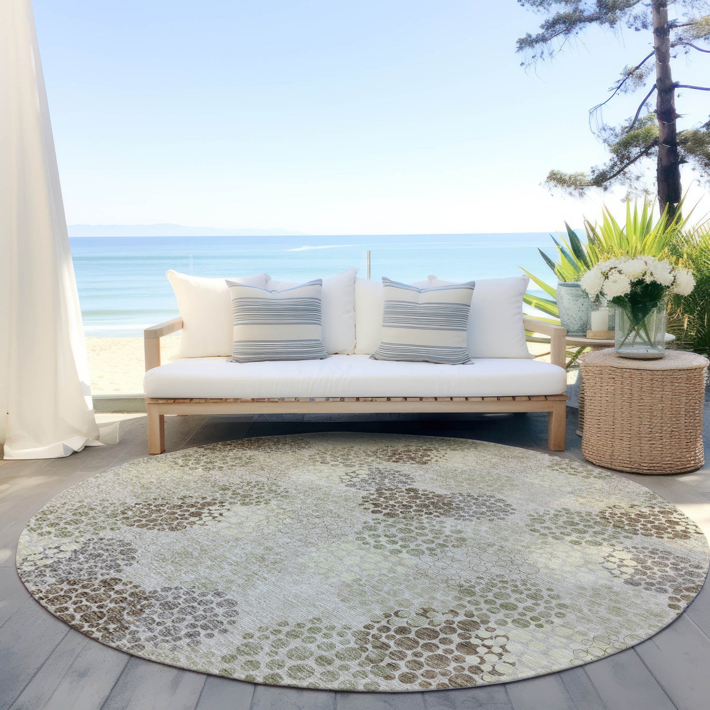 Tabselect Home Line 8' Beige Green And Ivory Round Polka Dot Washable Indoor Outdoor Area Rug