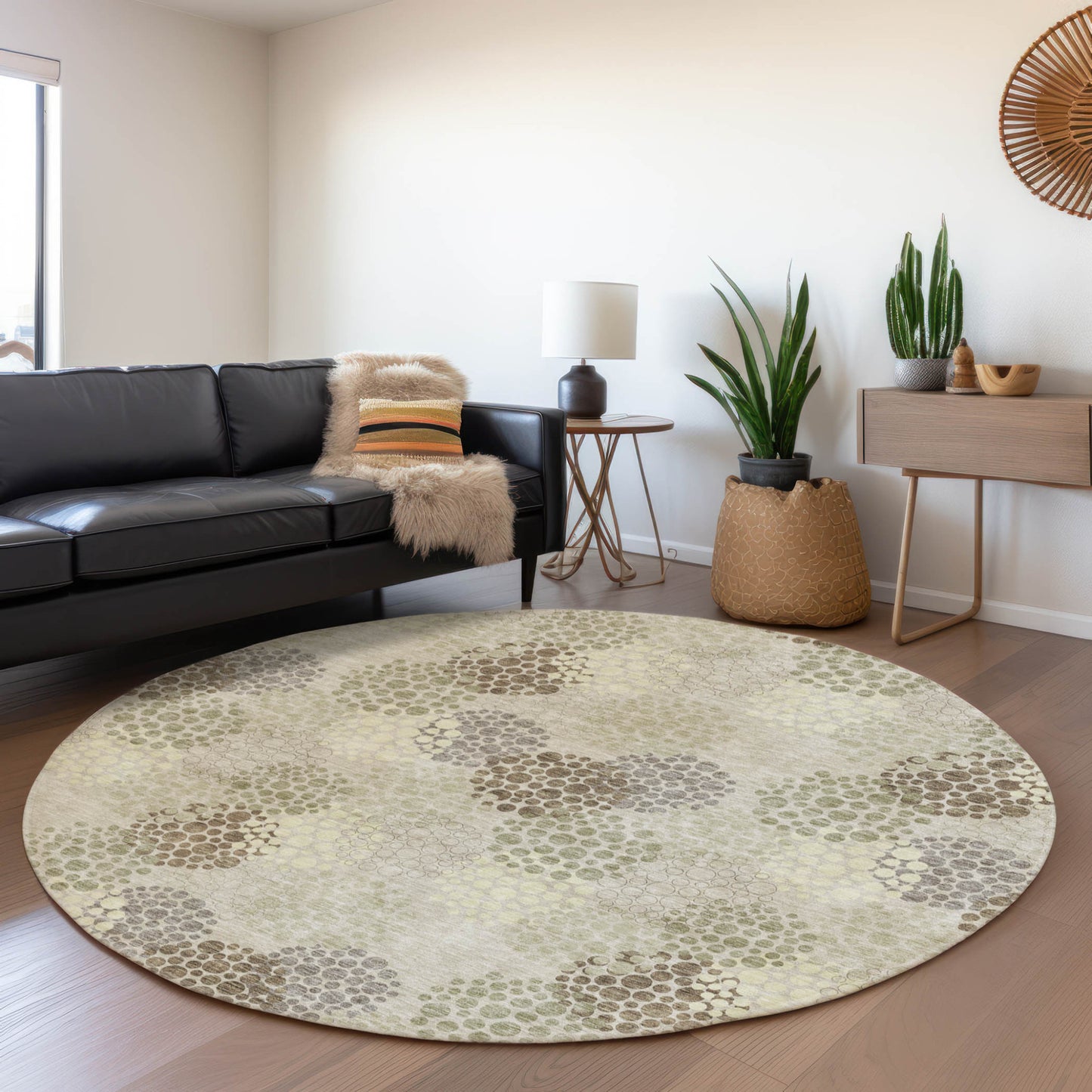 Tabselect Home Line 8' Beige Green And Ivory Round Polka Dot Washable Indoor Outdoor Area Rug