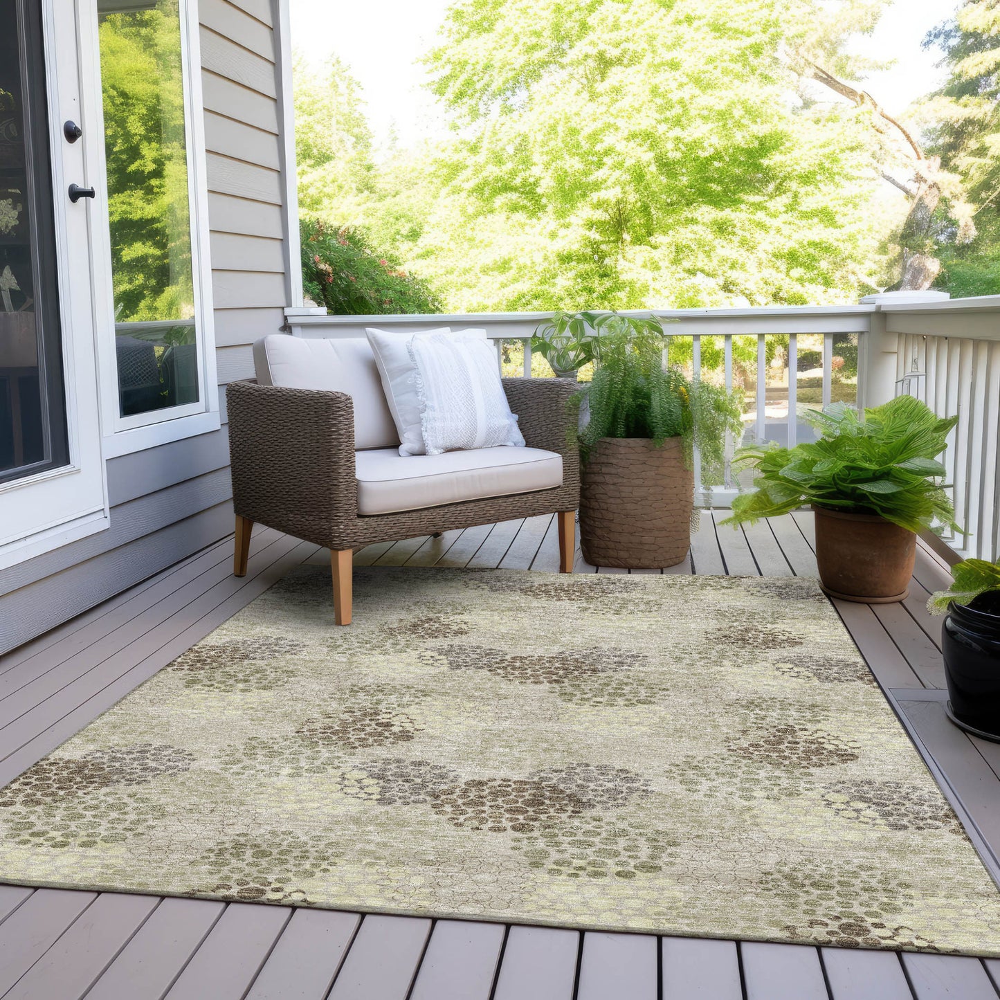 Tabselect Home Line 8' X 10' Beige Green And Ivory Polka Dot Washable Indoor Outdoor Area Rug
