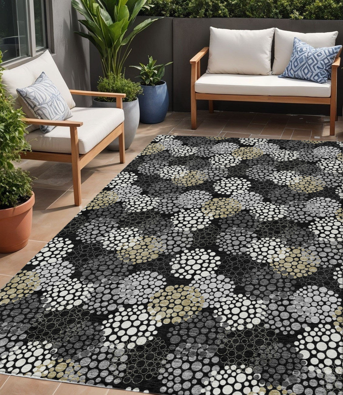 Tabselect Home Line 5' X 8' Black Gray And Ivory Polka Dot Washable Indoor Outdoor Area Rug