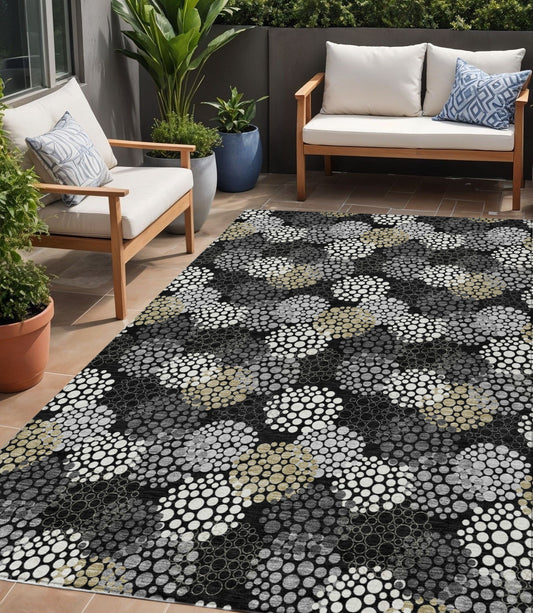 Tabselect Home Line 5' X 8' Black Gray And Ivory Polka Dot Washable Indoor Outdoor Area Rug
