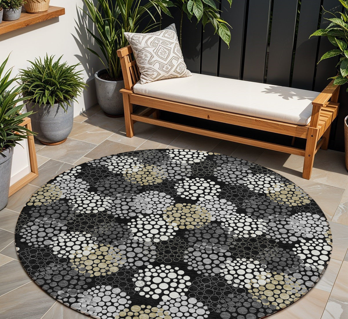 Tabselect Home Line 8' Black Gray And Ivory Round Polka Dot Washable Indoor Outdoor Area Rug