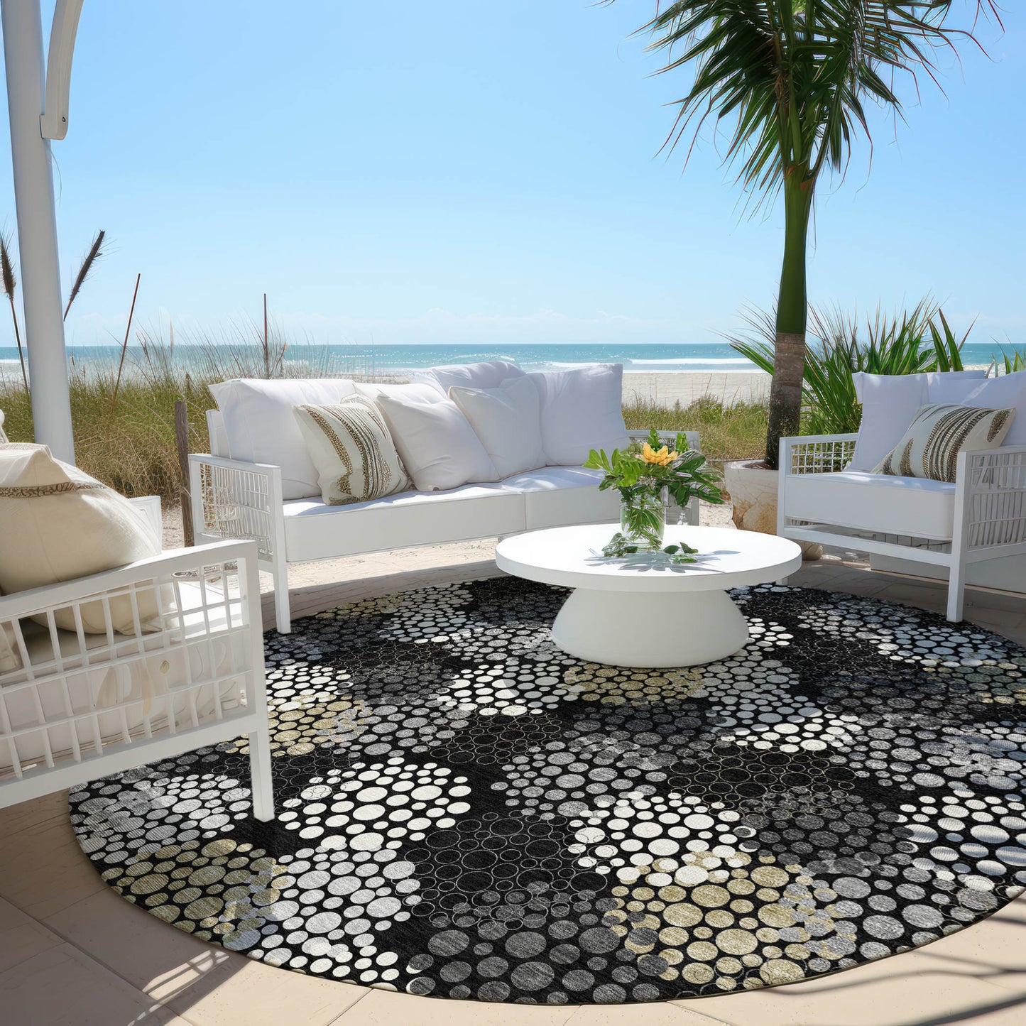 Tabselect Home Line 8' Black Gray And Ivory Round Polka Dot Washable Indoor Outdoor Area Rug