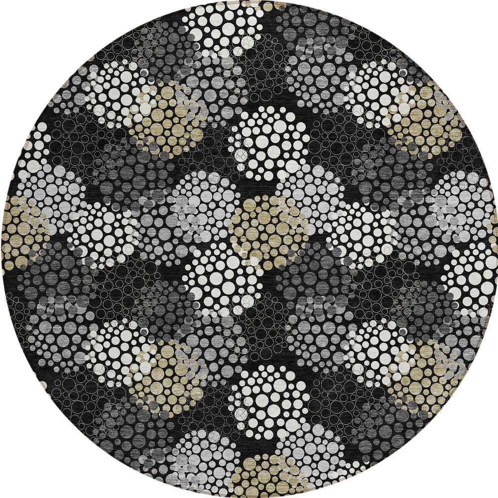 Tabselect Home Line 8' Black Gray And Ivory Round Polka Dot Washable Indoor Outdoor Area Rug