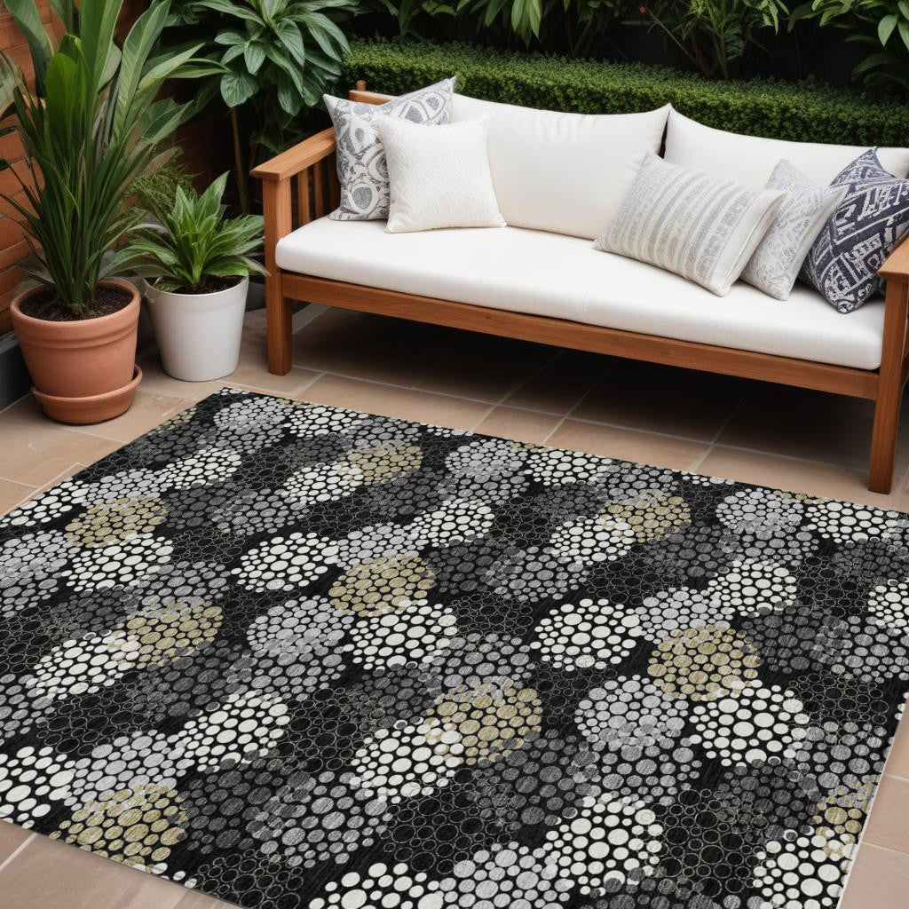Tabselect Home Line 8' X 10' Black Gray And Ivory Polka Dot Washable Indoor Outdoor Area Rug