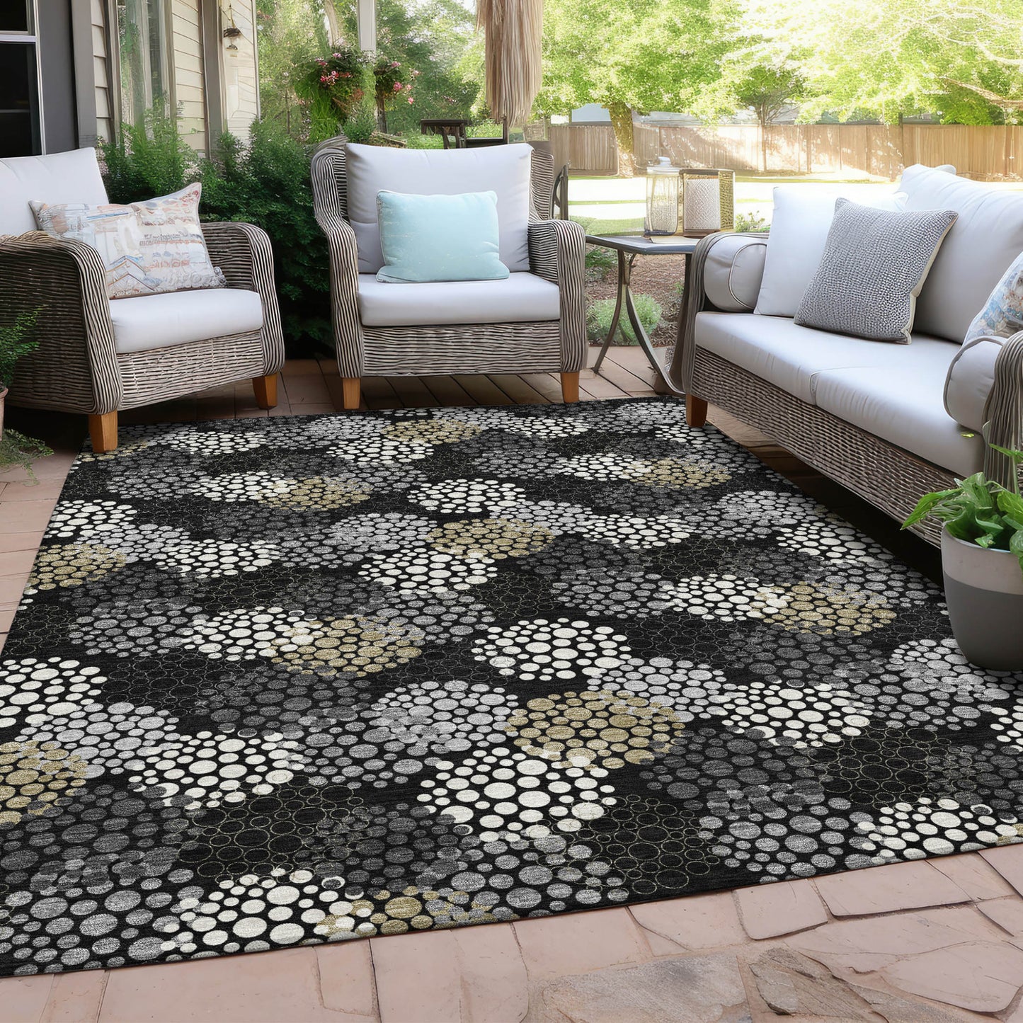 Tabselect Home Line 8' X 10' Black Gray And Ivory Polka Dot Washable Indoor Outdoor Area Rug