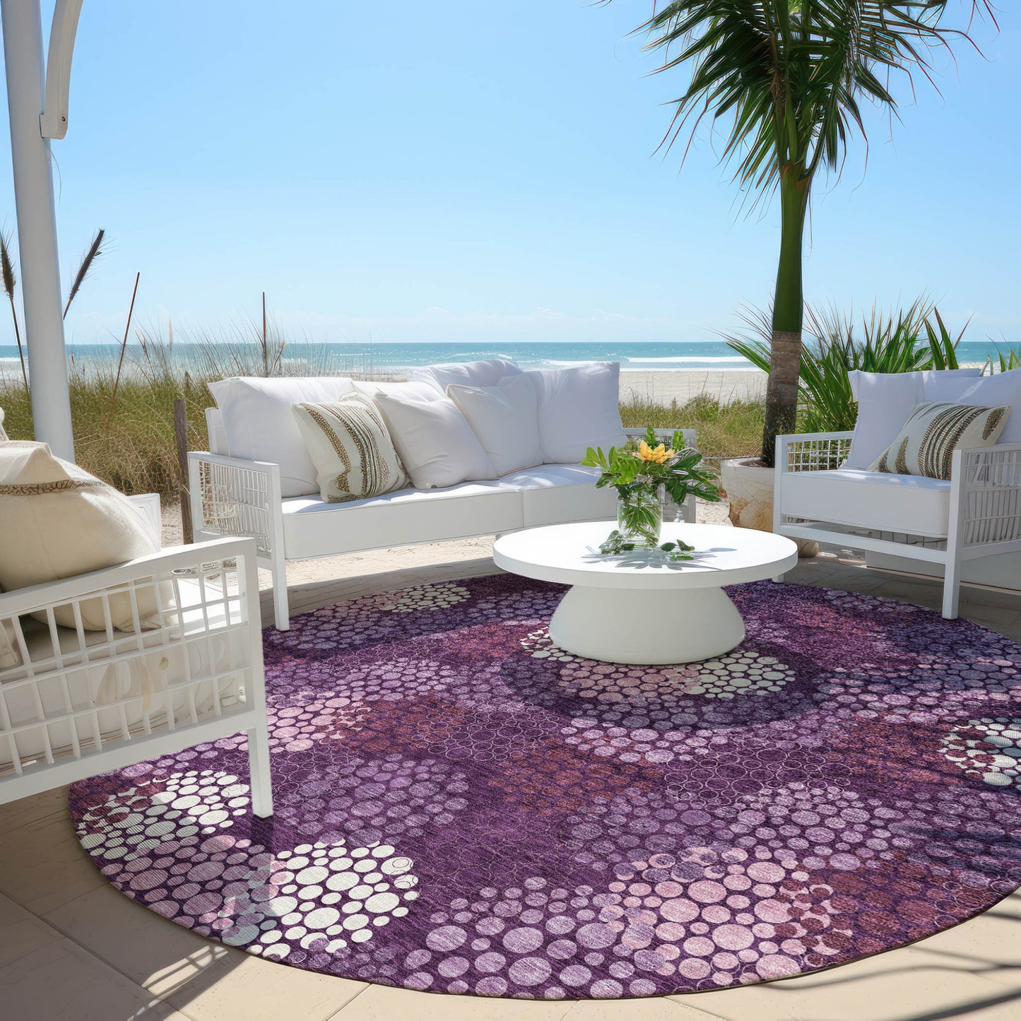 Tabselect Home Line 8' Eggplant Lavender And Ivory Round Polka Dot Washable Indoor Outdoor Area Rug