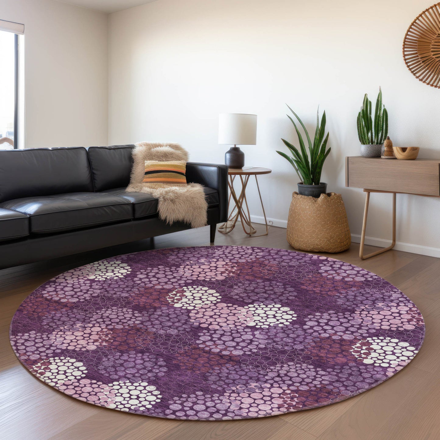 Tabselect Home Line 8' Eggplant Lavender And Ivory Round Polka Dot Washable Indoor Outdoor Area Rug