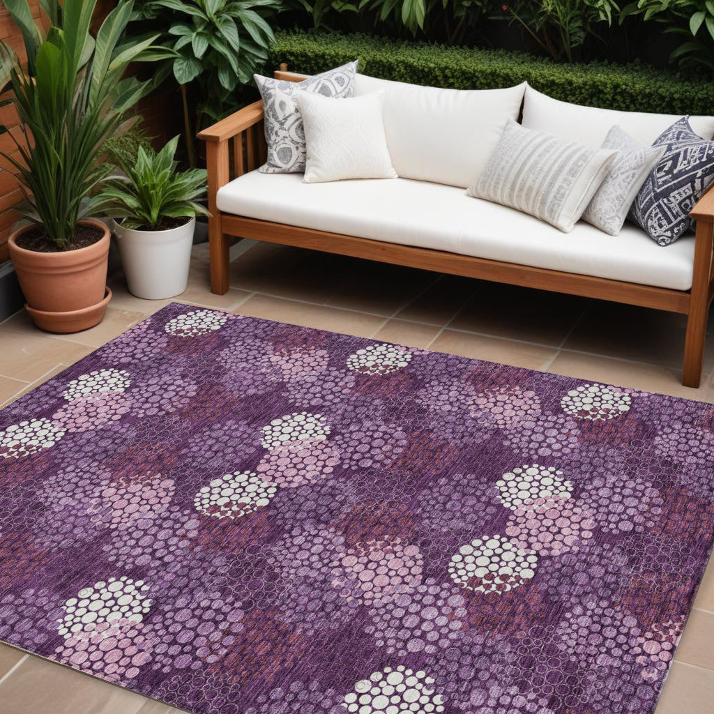 Tabselect Home Line 8' X 10' Eggplant Lavender And Ivory Polka Dot Washable Indoor Outdoor Area Rug