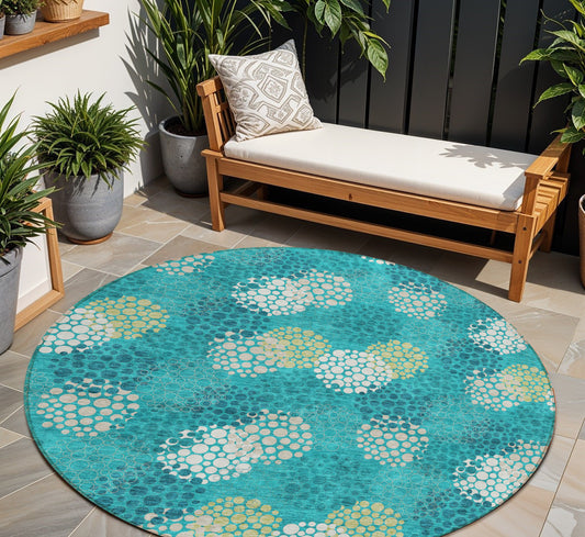 Tabselect Home Line 8' Emerald Gray And Ivory Round Polka Dot Washable Indoor Outdoor Area Rug