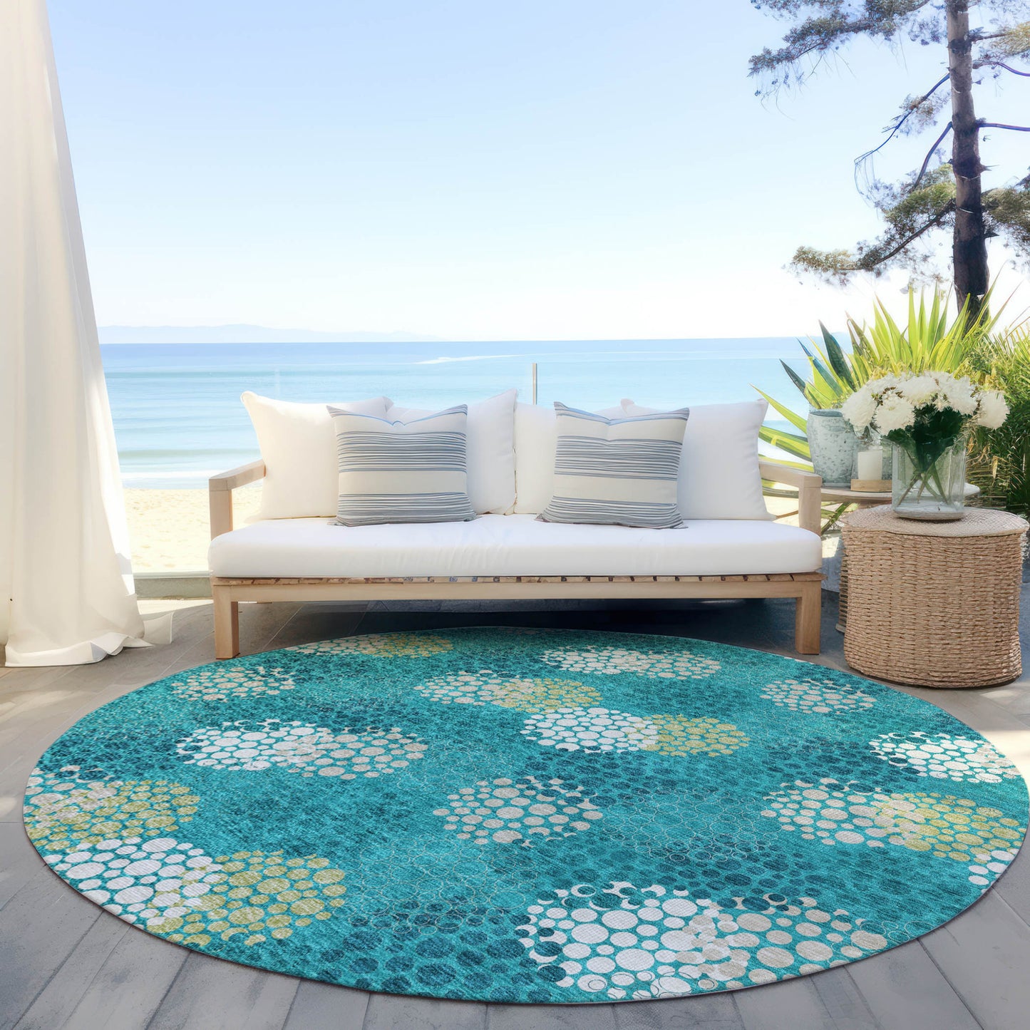 Tabselect Home Line 8' Emerald Gray And Ivory Round Polka Dot Washable Indoor Outdoor Area Rug