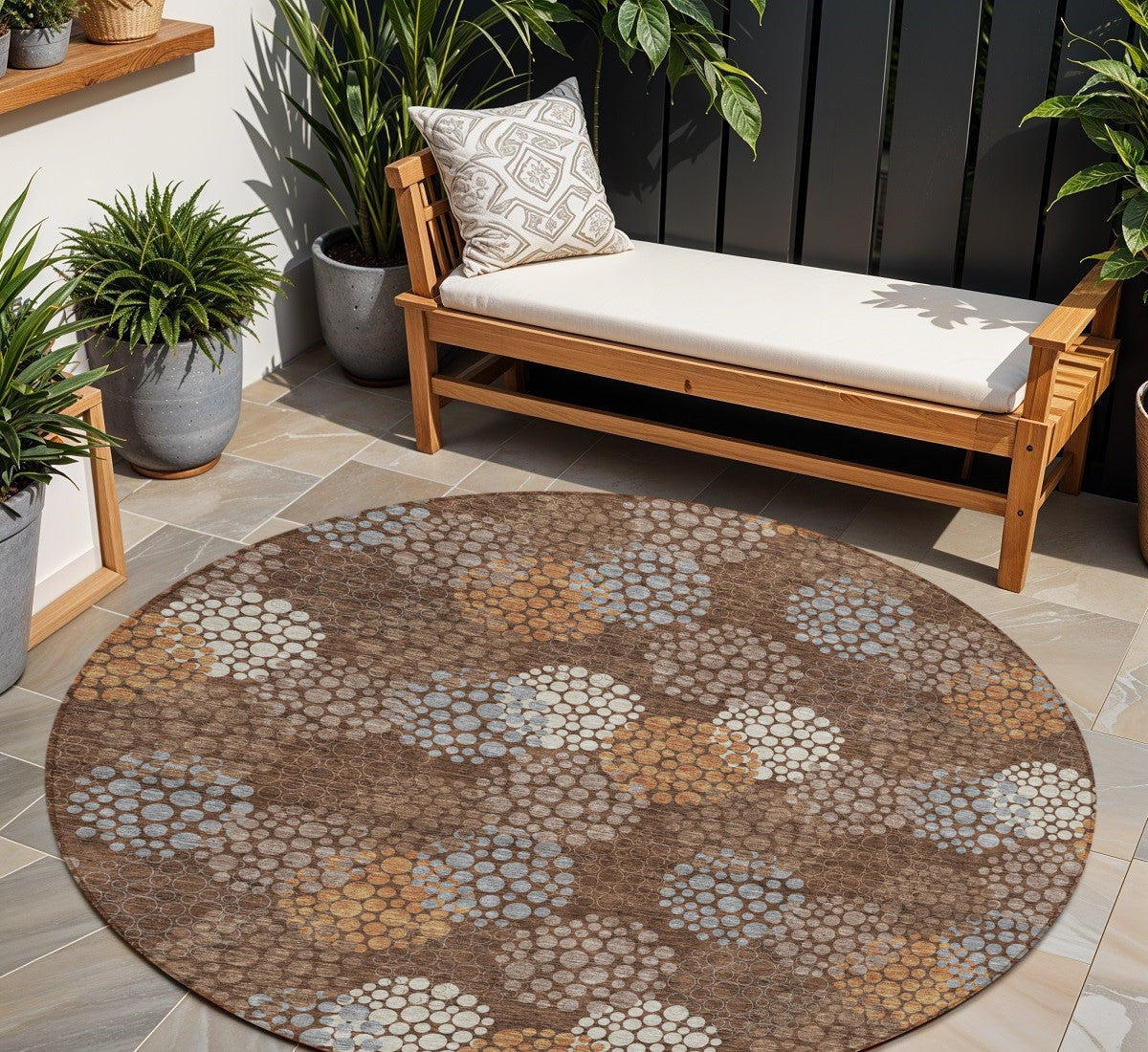 Tabselect Home Line 8' Brown Gray And Ivory Round Polka Dot Washable Indoor Outdoor Area Rug