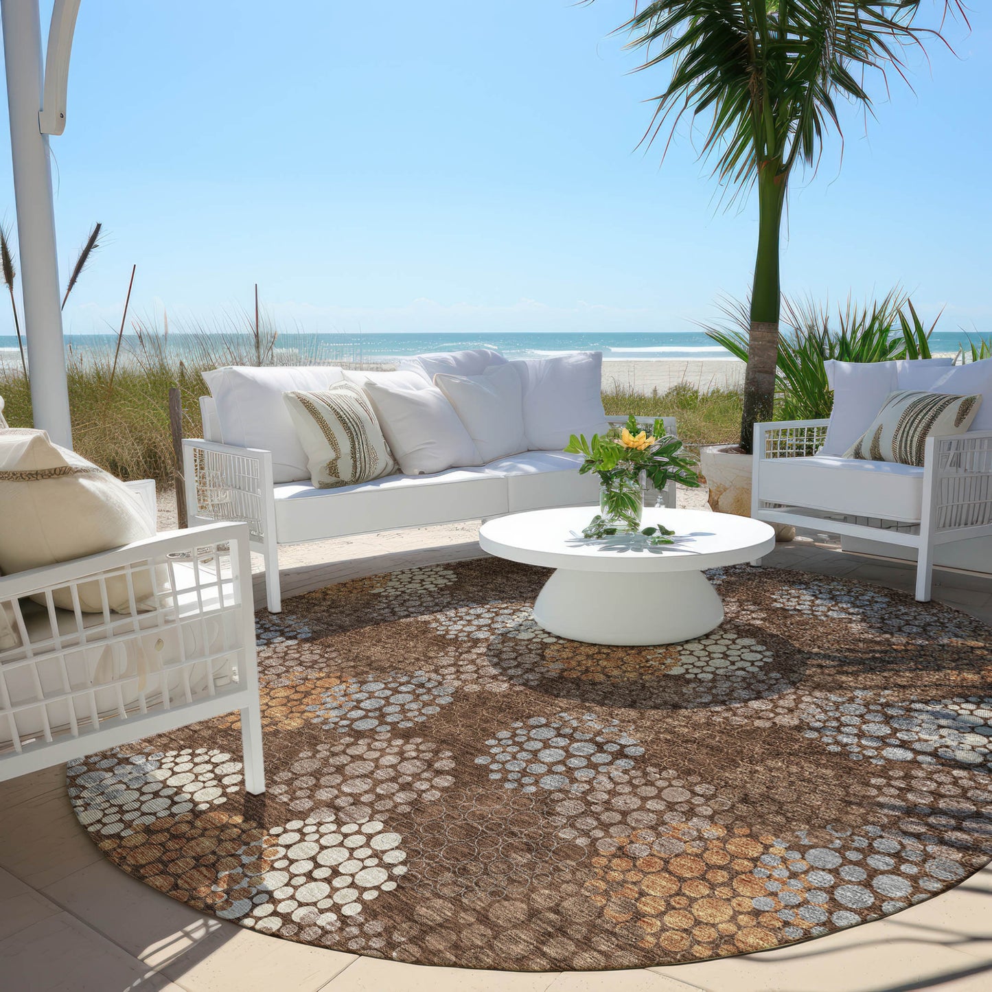 Tabselect Home Line 8' Brown Gray And Ivory Round Polka Dot Washable Indoor Outdoor Area Rug