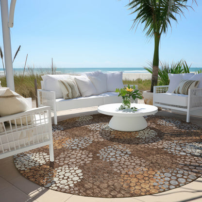 Tabselect Home Line 8' Brown Gray And Ivory Round Polka Dot Washable Indoor Outdoor Area Rug