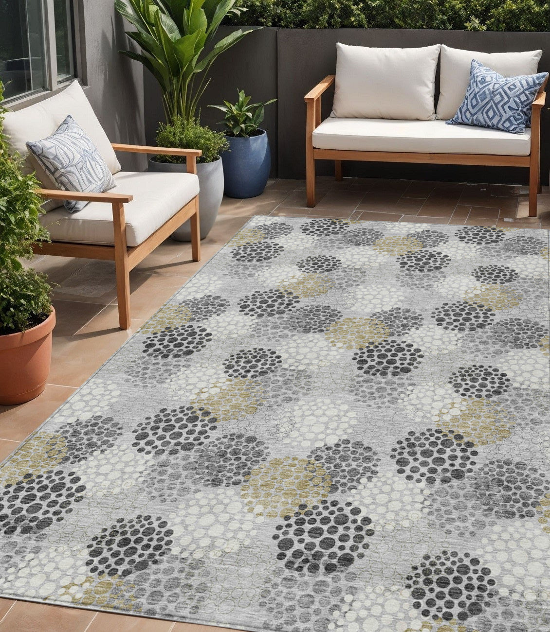 Tabselect Home Line 5' X 8' Gray Silver And Ivory Polka Dot Washable Indoor Outdoor Area Rug