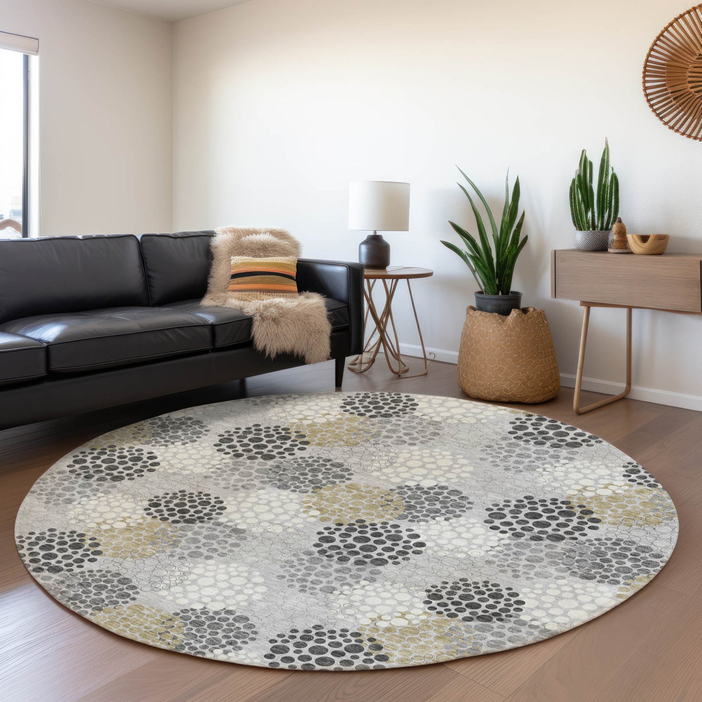 Tabselect Home Line 8' Gray Silver And Ivory Round Polka Dot Washable Indoor Outdoor Area Rug