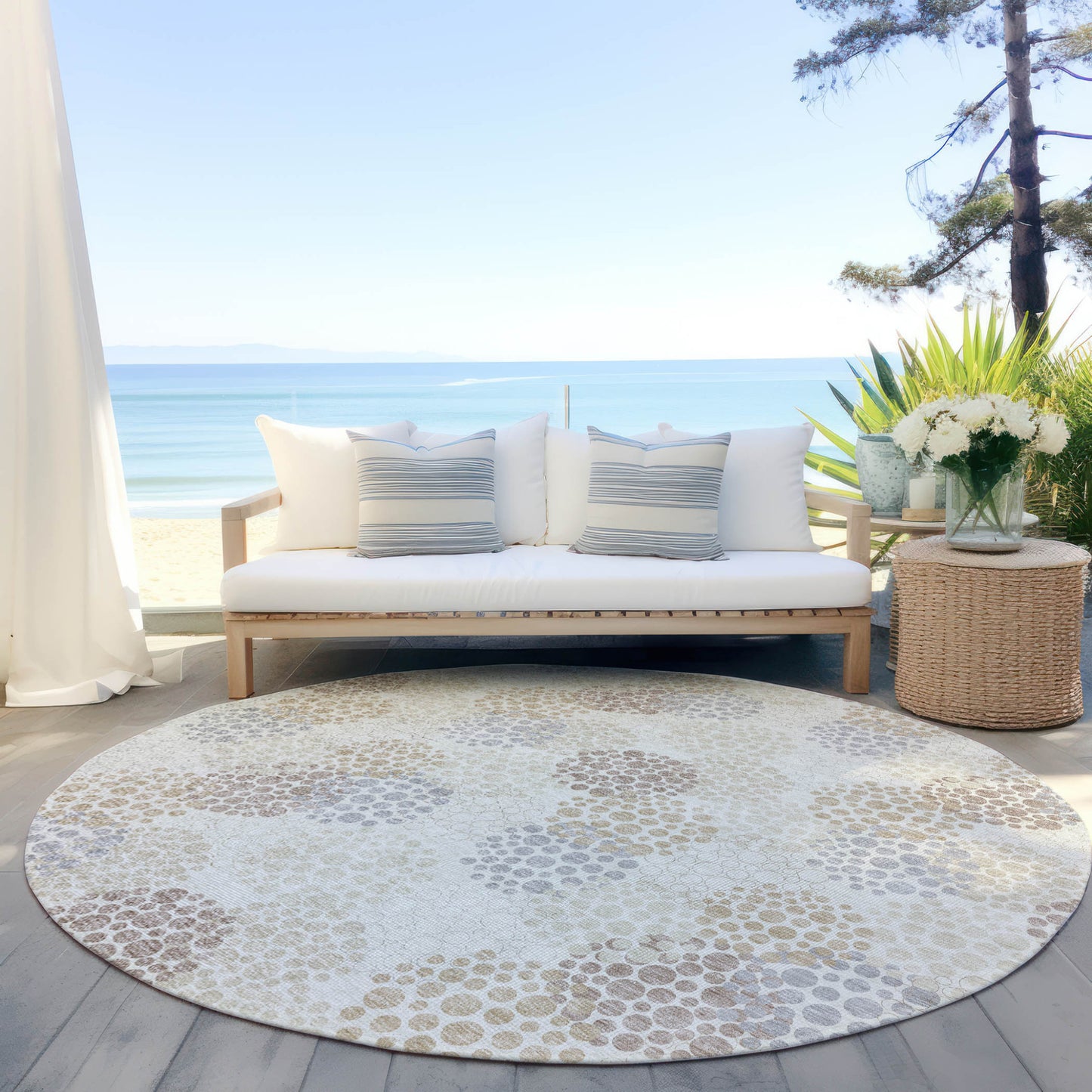 Tabselect Home Line 8' Ivory Brown And Gray Round Polka Dot Washable Indoor Outdoor Area Rug