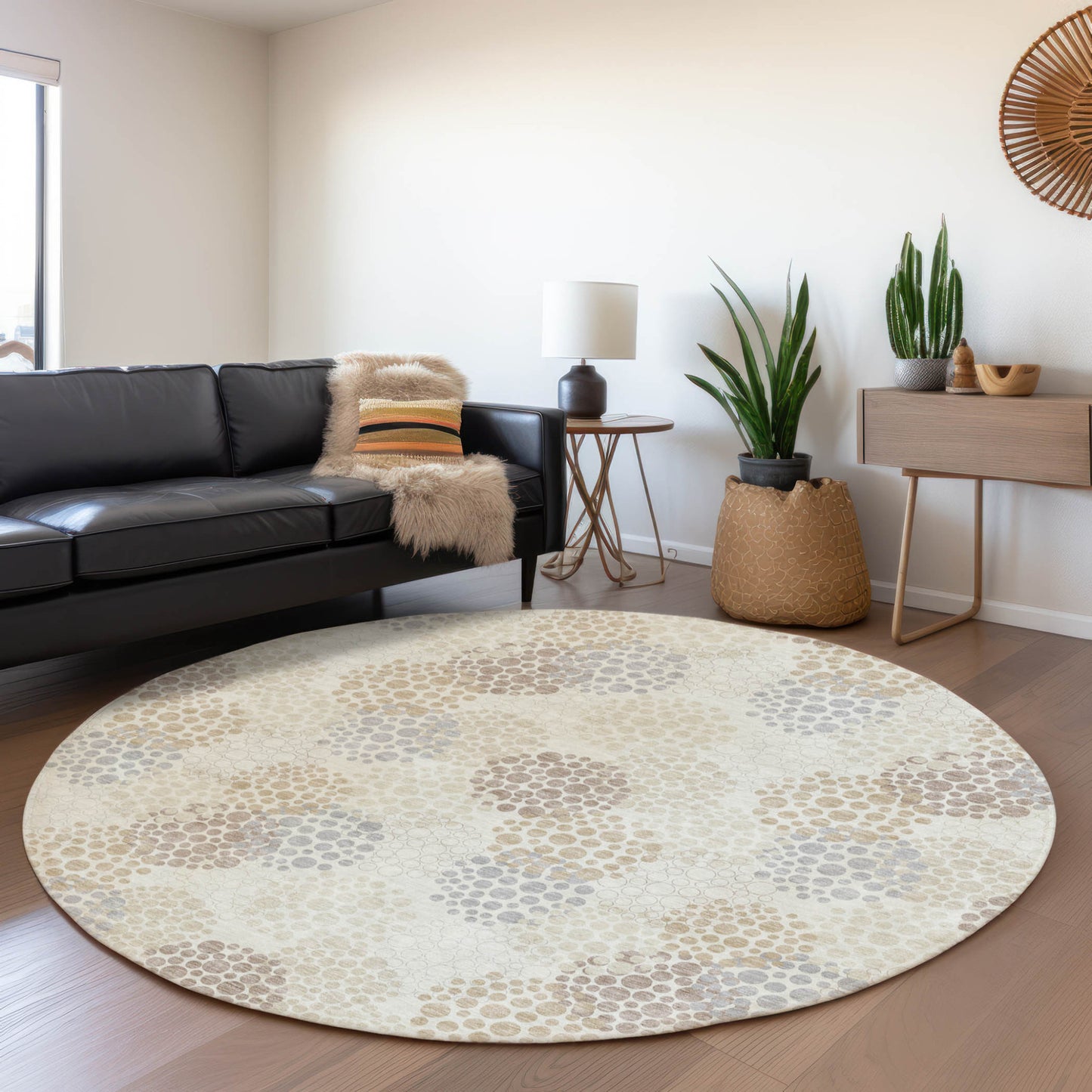 Tabselect Home Line 8' Ivory Brown And Gray Round Polka Dot Washable Indoor Outdoor Area Rug