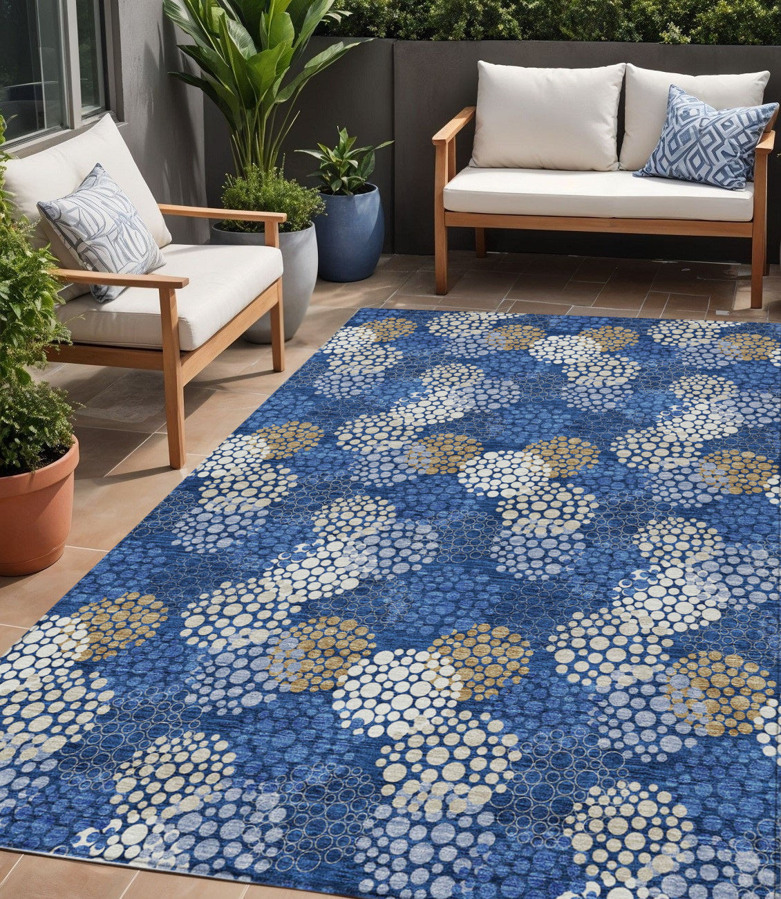 Tabselect Home Line 5' X 8' Navy Blue Brown And Ivory Polka Dot Washable Indoor Outdoor Area Rug