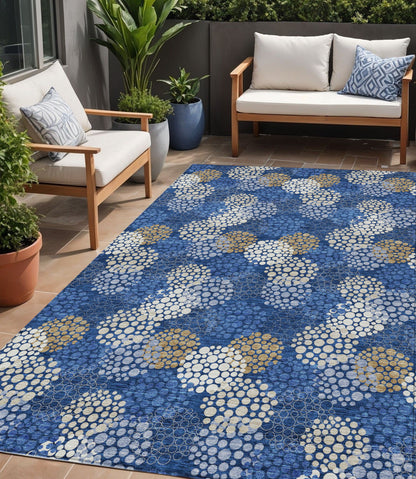 Tabselect Home Line 5' X 8' Navy Blue Brown And Ivory Polka Dot Washable Indoor Outdoor Area Rug