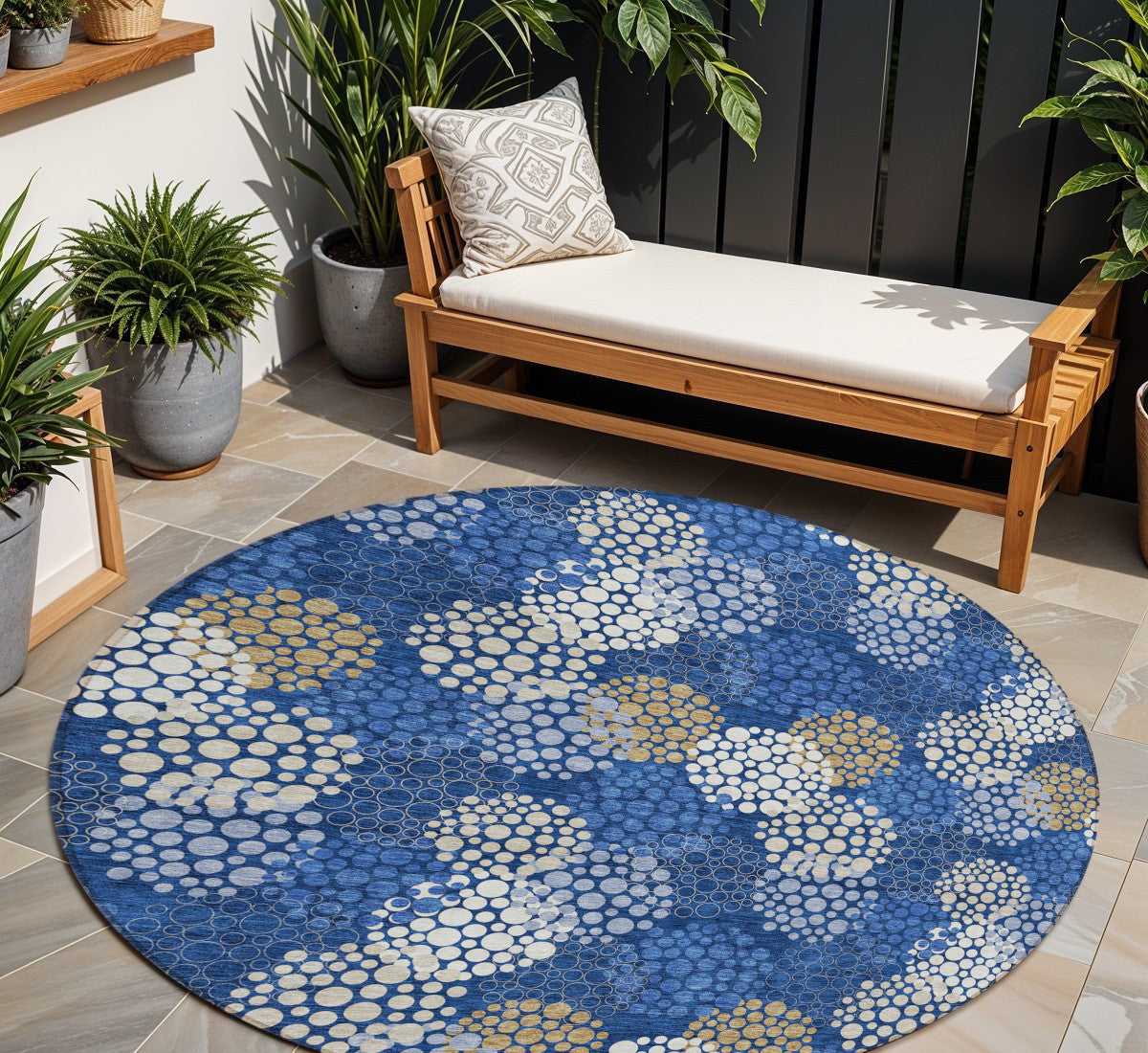 Tabselect Home Line 8' Navy Blue Brown And Ivory Round Polka Dot Washable Indoor Outdoor Area Rug