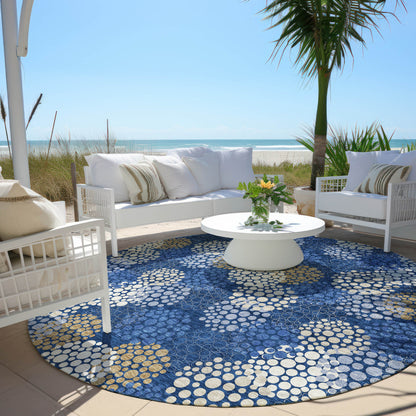 Tabselect Home Line 8' Navy Blue Brown And Ivory Round Polka Dot Washable Indoor Outdoor Area Rug