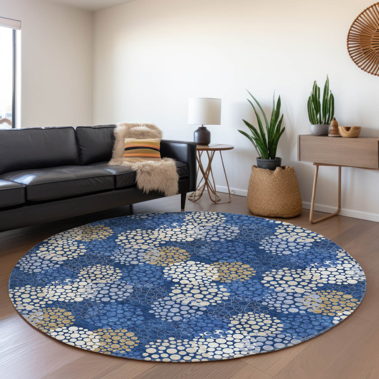 Tabselect Home Line 8' Navy Blue Brown And Ivory Round Polka Dot Washable Indoor Outdoor Area Rug