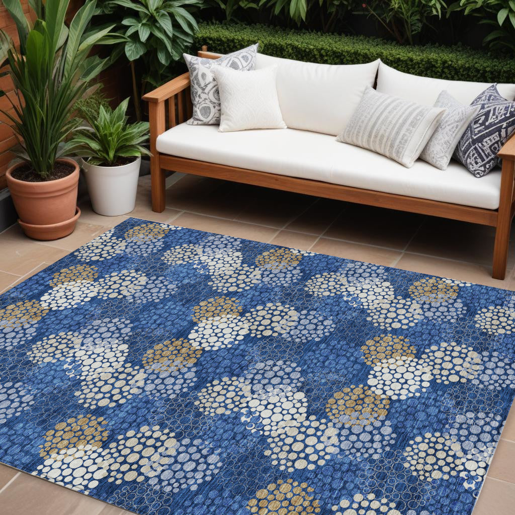 Tabselect Home Line 8' X 10' Navy Blue Brown And Ivory Polka Dot Washable Indoor Outdoor Area Rug