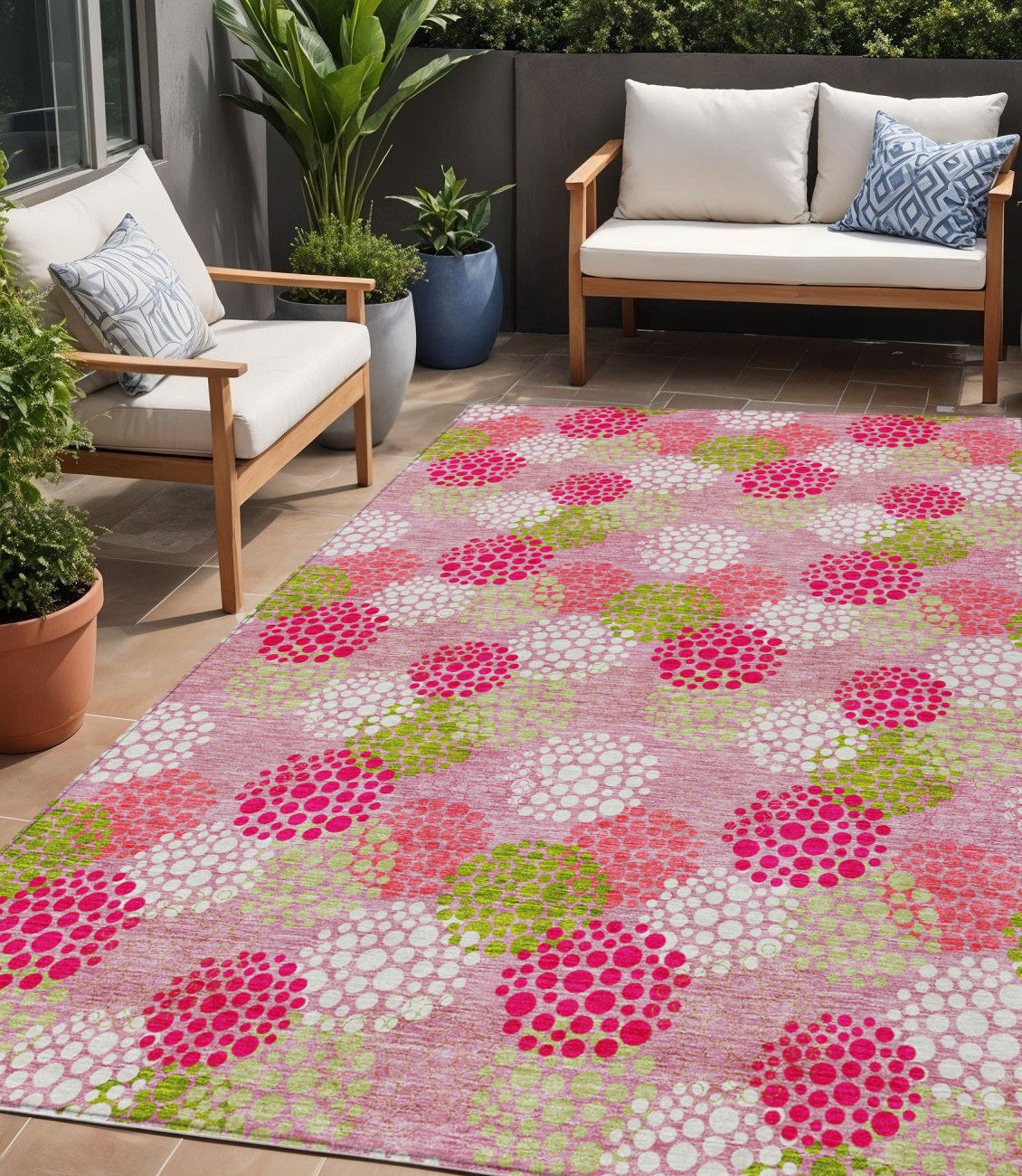 Tabselect Home Line 5' X 8' Pink Green And Ivory Polka Dot Washable Indoor Outdoor Area Rug