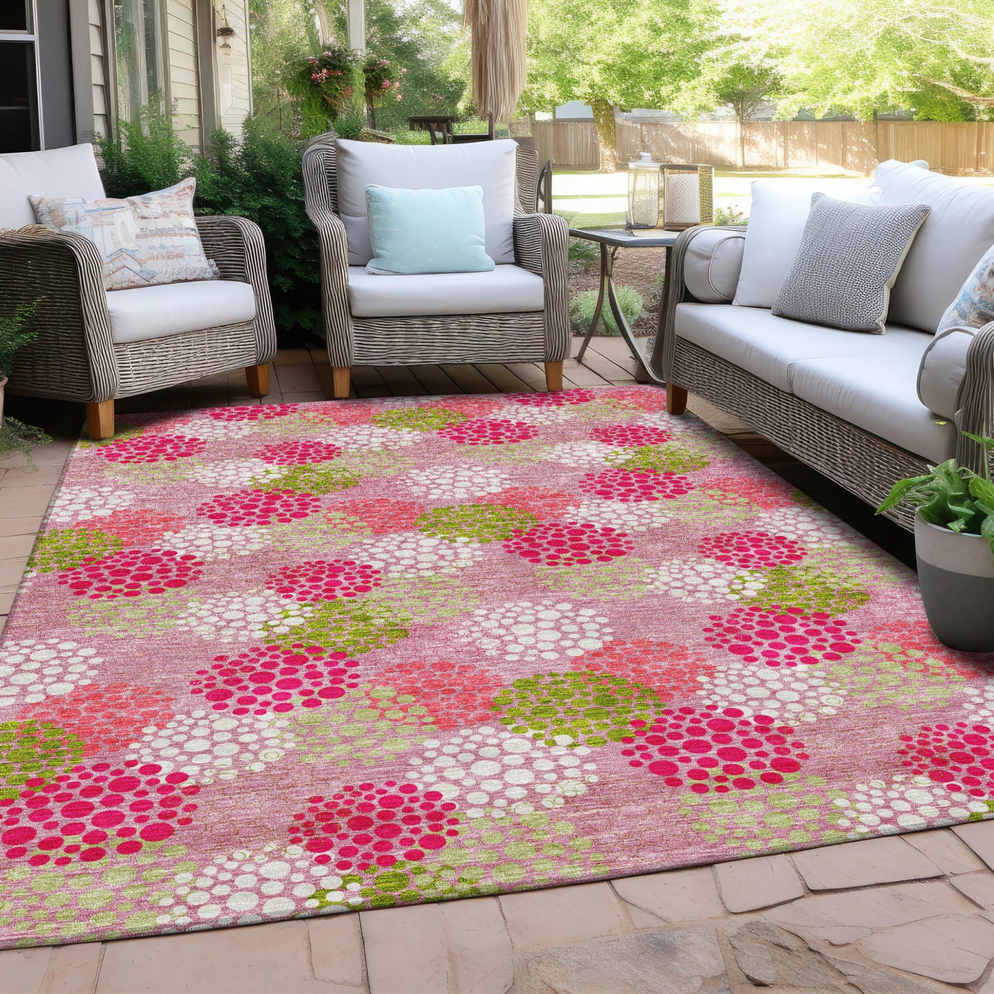 Tabselect Home Line 5' X 8' Pink Green And Ivory Polka Dot Washable Indoor Outdoor Area Rug