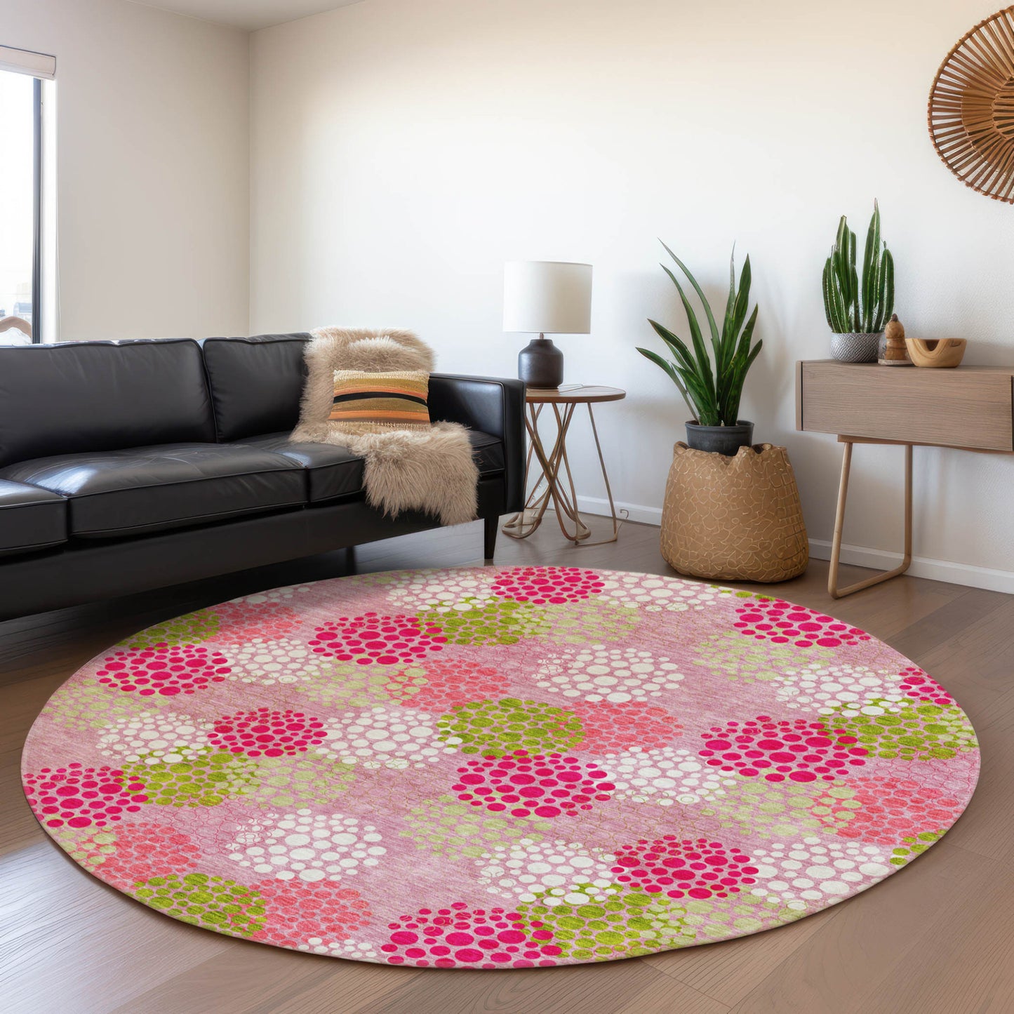 Tabselect Home Line 8' Pink Green And Ivory Round Polka Dot Washable Indoor Outdoor Area Rug