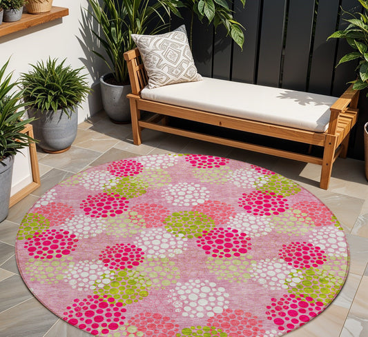 Tabselect Home Line 8' Pink Green And Ivory Round Polka Dot Washable Indoor Outdoor Area Rug