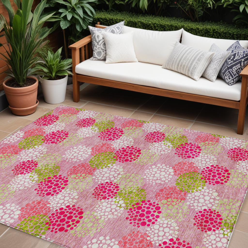 Tabselect Home Line 8' X 10' Pink Green And Ivory Polka Dot Washable Indoor Outdoor Area Rug