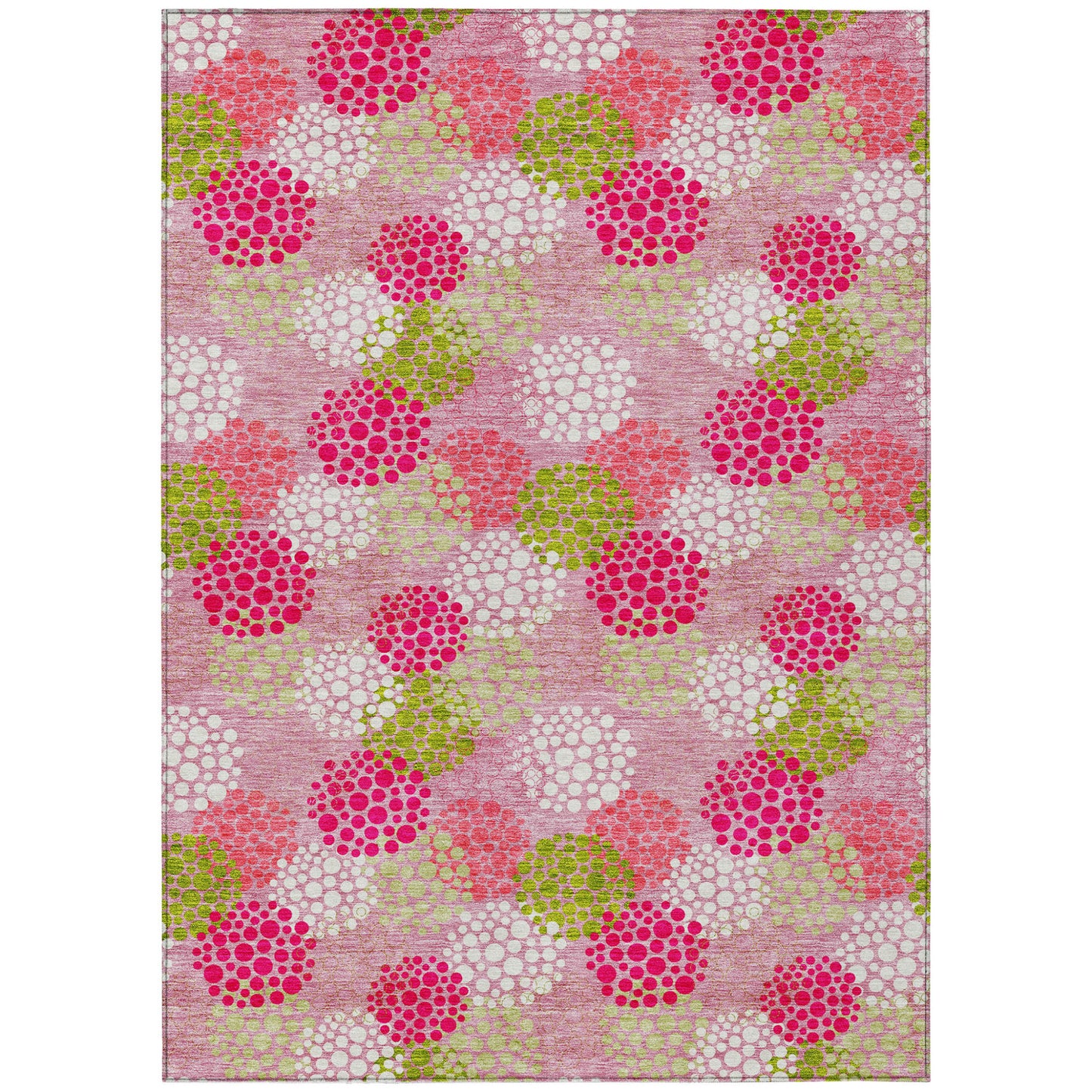 Tabselect Home Line 8' X 10' Pink Green And Ivory Polka Dot Washable Indoor Outdoor Area Rug
