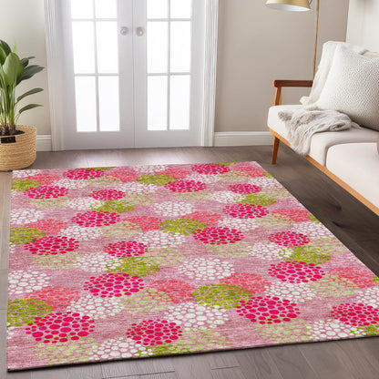 Tabselect Home Line 8' X 10' Pink Green And Ivory Polka Dot Washable Indoor Outdoor Area Rug