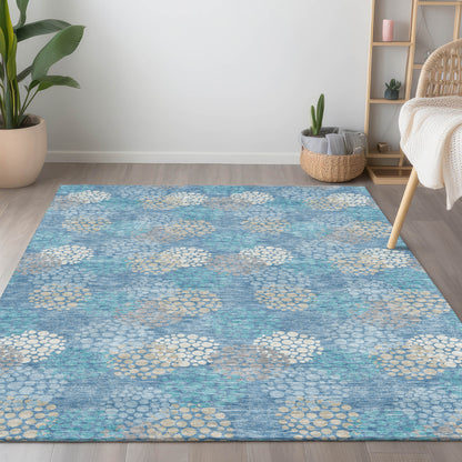 Tabselect Home Line 5' X 8' Sky Blue Gray And Ivory Polka Dot Washable Indoor Outdoor Area Rug