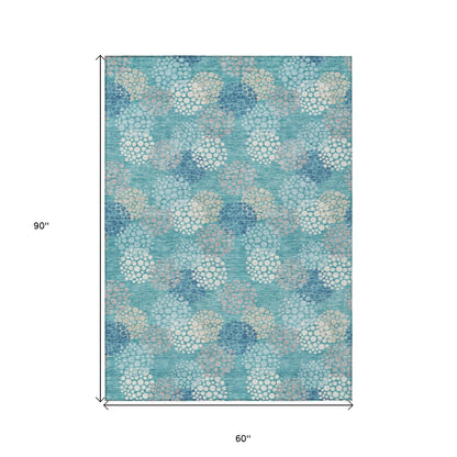 Tabselect Home Line 5' X 8' Teal Blue Gray And Ivory Polka Dot Washable Indoor Outdoor Area Rug